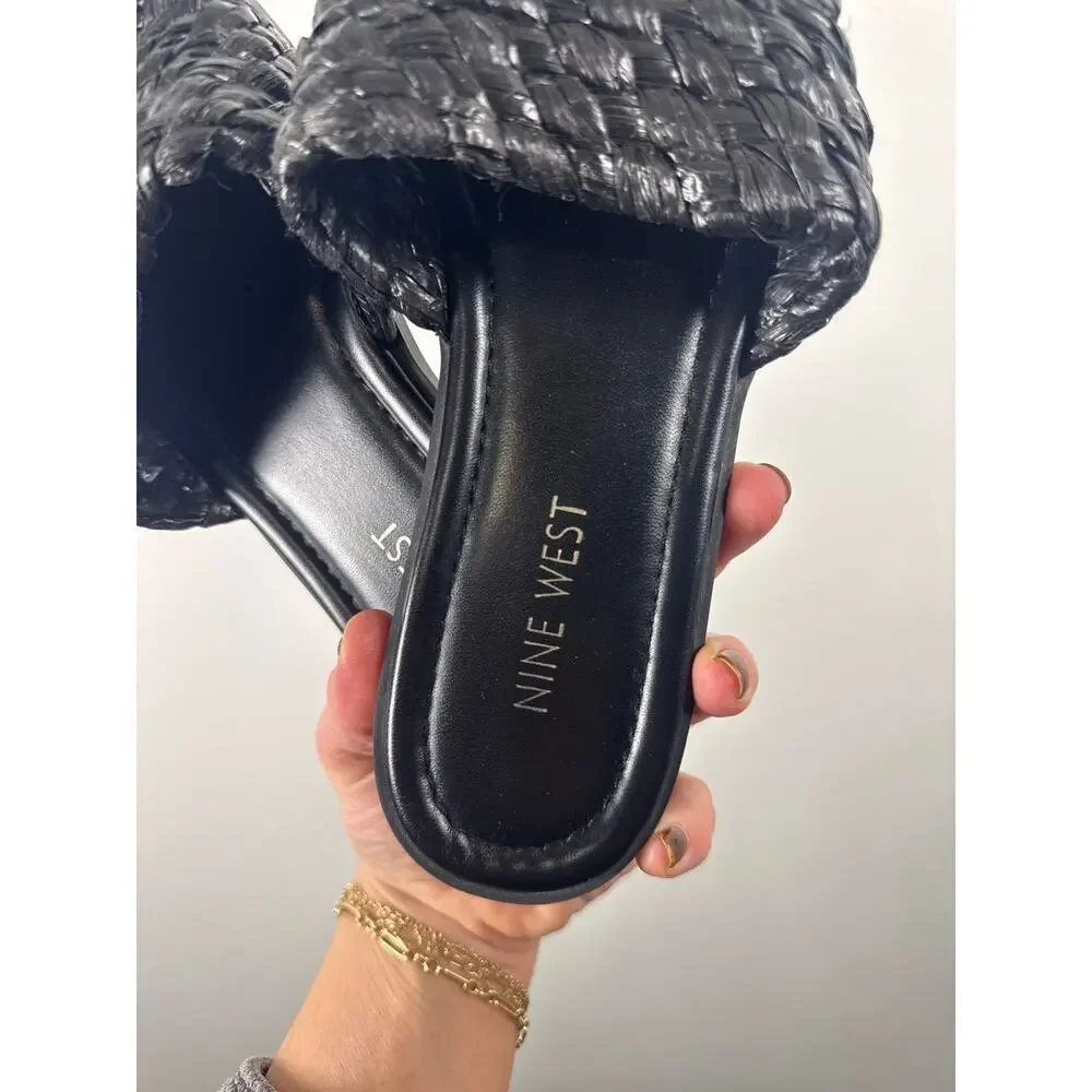Nine West Havah Woven/Braided Women's Flat Slide Sandals in Black, Size 7